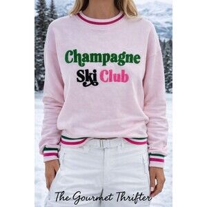🥂Shiraleah Champagne Ski Club Sweatshirt Pink Chenille Pullover Medium